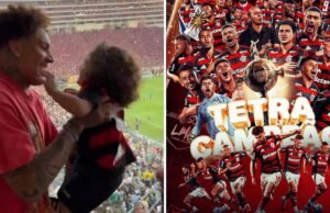 Paolo Guerrero comemora o título da Copa Libertadores do Flamengo com a família no Estádio Monumentium, em Lima