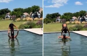 Nicolás Cabré mostra as habilidades acrobáticas aquáticas de sua filha Rufina por Carlos Paz
