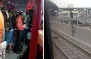 O trem da Linha 1 do Metrô de Lima parou em frente a uma estação e os passageiros não conseguiram sair do carro