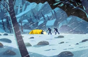 À noite, perto do Monte Whitney, 5 caminhantes se encontram durante uma tempestade com raios