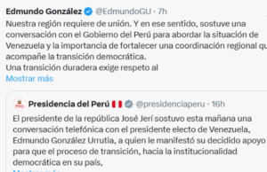 Edmundo González agradece ao Peru pelo apoio e pede respeito ao voto pela transição na Venezuela