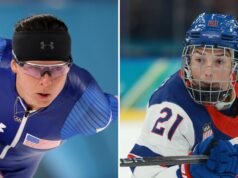 O casal olímpico Brittany Bowe e Hilary Knight competem pelo ouro