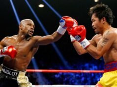 Floyd Mayweather Jr. e Manny Pacquiao anunciando sua revanche em setembro
