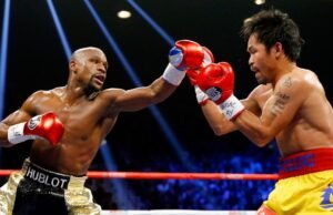 Floyd Mayweather Jr. e Manny Pacquiao anunciando sua revanche em setembro