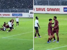 Sekou Gassama marca o primeiro gol do Universitario em amistoso contra a LDU de Quito