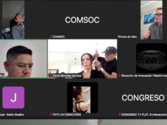 Com uma estilista ao seu lado, Diana Sánchez Barrios votou na reunião virtual da Comissão de Assuntos Trabalhistas