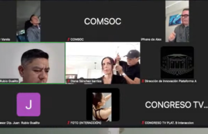 Com uma estilista ao seu lado, Diana Sánchez Barrios votou na reunião virtual da Comissão de Assuntos Trabalhistas