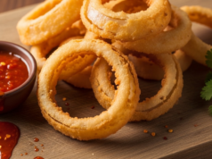 Receita de anel de cebola com molho picante, rápido e fácil