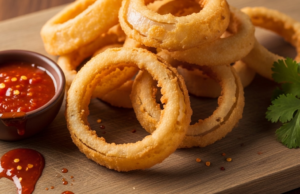 Receita de anel de cebola com molho picante, rápido e fácil