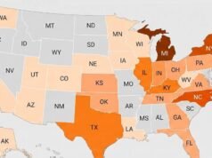 Mapa da ciclosporíase nos Estados Unidos: 1.645 casos confirmados em 34 estados, 141 hospitais e 5.100 outras infecções analisadas.