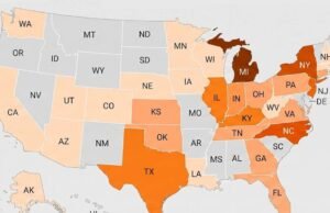 Mapa da ciclosporíase nos Estados Unidos: 1.645 casos confirmados em 34 estados, 141 hospitais e 5.100 outras infecções analisadas.