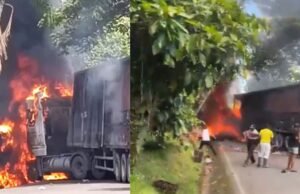 Supostos integrantes do ELN incendiaram caminhão de cerveja e montaram posto de controle ilegal na rodovia Pereira-Tadó